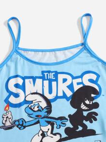ROMWE X The Smurfs Letter Cartoon Graphic Knot Decor Pajama Set, School - Blue - View 3