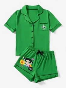 The Powerpuff Girls | ROMWE 字母卡通图案撞色绑带睡衣套装，学校 - 綠色 - 查看 6