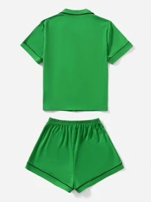 The Powerpuff Girls | ROMWE 字母卡通图案撞色绑带睡衣套装，学校 - 綠色 - 查看 2