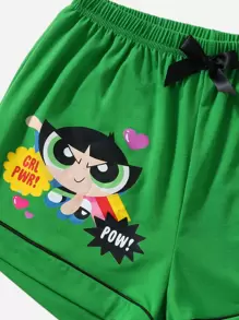 The Powerpuff Girls | ROMWE 字母卡通图案撞色绑带睡衣套装，学校 - 綠色 - 查看 3