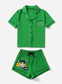 The Powerpuff Girls | ROMWE 字母卡通图案撞色绑带睡衣套装，学校 - 綠色 - 查看 4