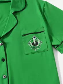 The Powerpuff Girls | ROMWE 字母卡通图案撞色绑带睡衣套装，学校 - 綠色 - 查看 5