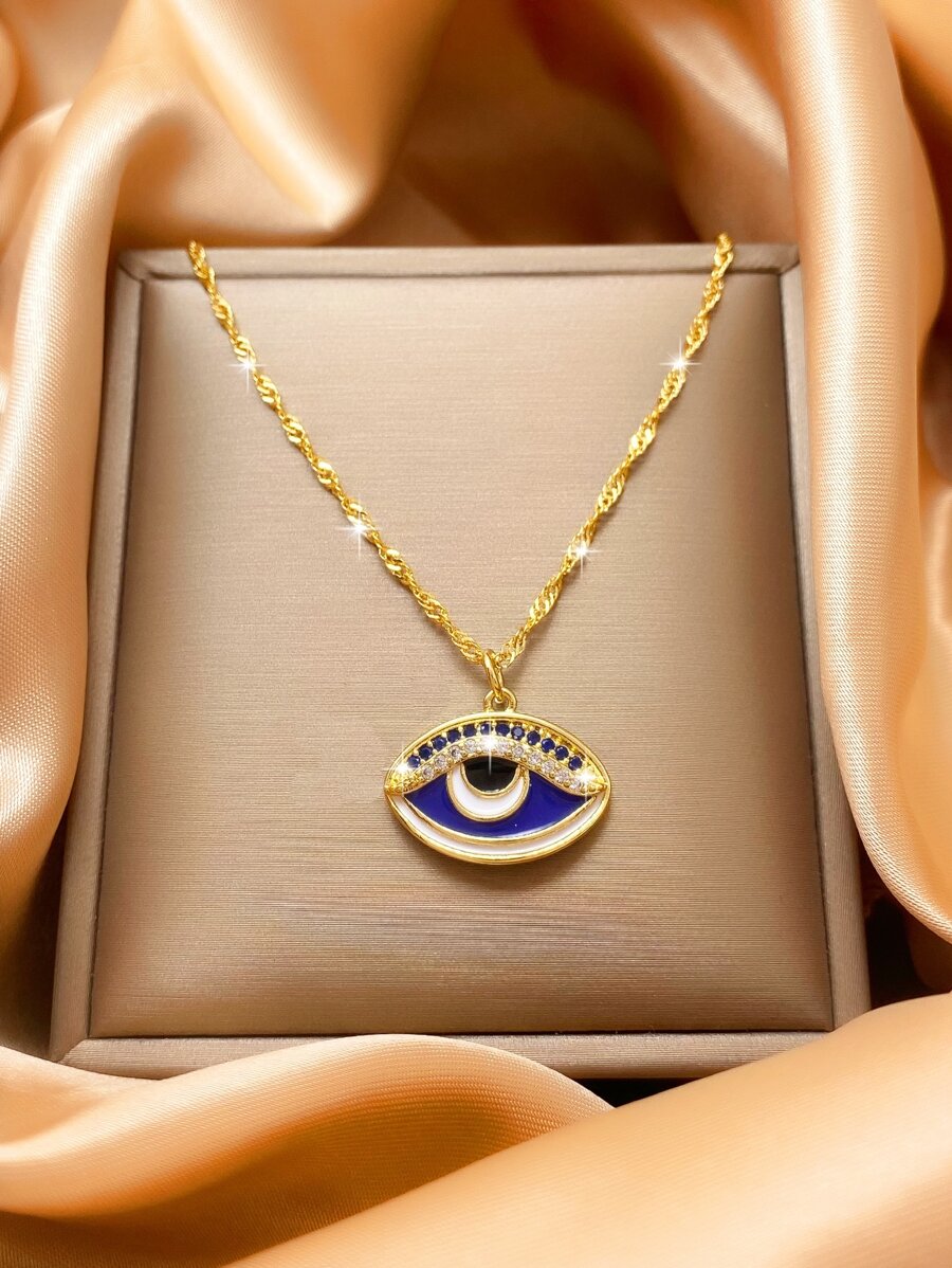 Rhinestone Decor Eye Charm Necklace - Yellow Gold - View 1