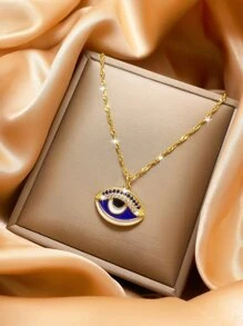 Rhinestone Decor Eye Charm Necklace - Yellow Gold - View 3