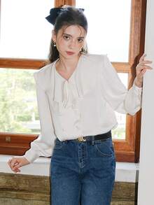 Solid Ruffle Trim Blouse - White - View 3