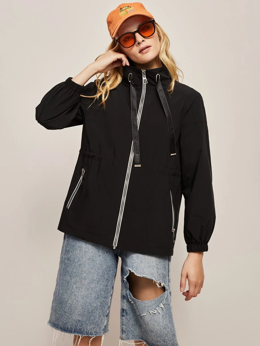 JAZZEVAR Zip Up Tape Drawstring Jacket - Black - View 1