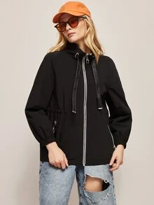 JAZZEVAR Zip Up Tape Drawstring Jacket - Black - View 3