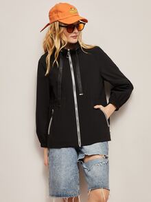 JAZZEVAR Zip Up Tape Drawstring Jacket - Black - View 4