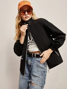 JAZZEVAR Zip Up Tape Drawstring Jacket - Black - View 7