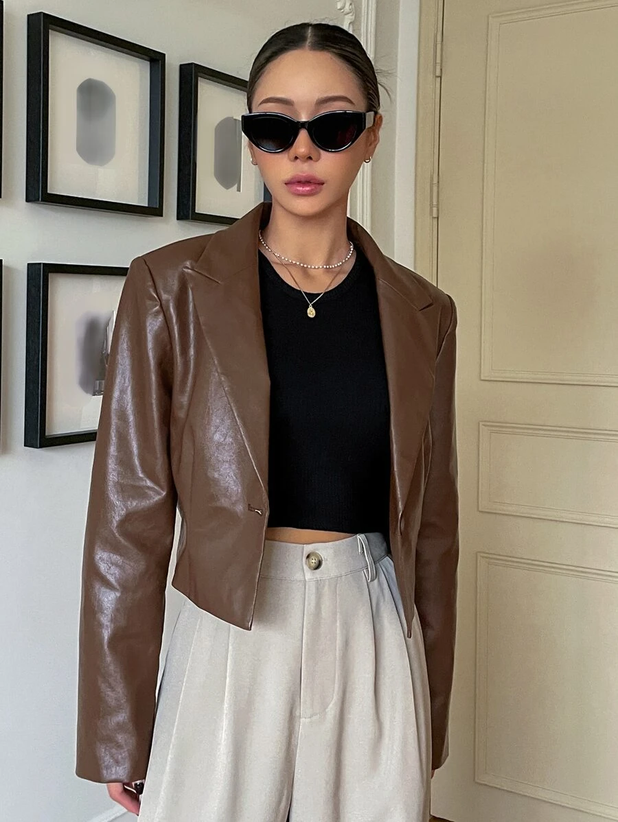 DAZY Lapel Neck PU Leather Jacket - Brown - View 1