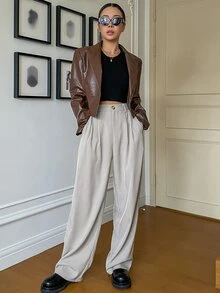 DAZY Lapel Neck PU Leather Jacket - Brown - View 4