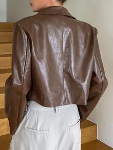 DAZY Lapel Neck PU Leather Jacket - Brown - View 7