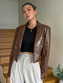 DAZY Lapel Neck PU Leather Jacket - Brown - View 8