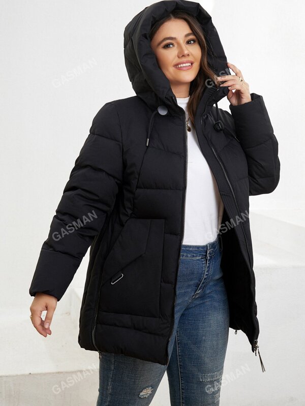 GASMAN Abrigo con cremallera, capucha con cordón y relleno para invierno en talla grande