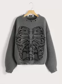 ROMWE Grunge Punk Áo len nữ Bị tách Lễ Các Thánh Giải trí - Xám - Xem 2