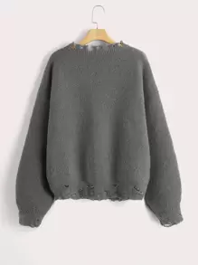 ROMWE Grunge Punk Áo len nữ Bị tách Lễ Các Thánh Giải trí - Xám - Xem 3