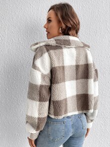 SHEIN Tall 大方格圖案落肩袖法蘭絨夾克 - 彩色 - 查看 2