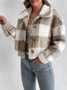 SHEIN Tall 大方格圖案落肩袖法蘭絨夾克 - 彩色 - 查看 3