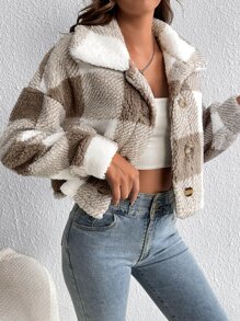 SHEIN Tall 大方格圖案落肩袖法蘭絨夾克 - 彩色 - 查看 4