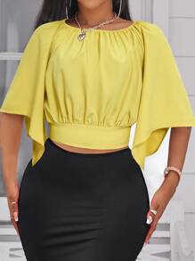 SHEIN LUNE Blusa con cordón trasero pecho con fruncido de manga mariposa - Amarillo - Ver 4