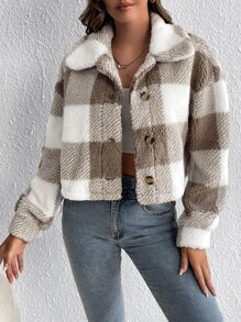 SHEIN Tall 大方格圖案落肩袖法蘭絨夾克 - 彩色 - 查看 5