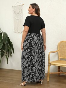 大碼佩斯利印花洋裝 - 黑與白 - 查看 2