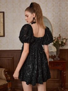 SHEIN MOD Square Neck Puff Sleeve A-line Dress - Black - View 5