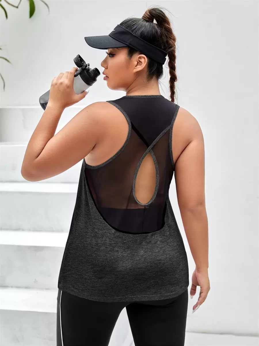 SHEIN Sports Plus Mesh Insert Cut Out Contrast Binding Sports Tank Top - Dark Grey - View 1
