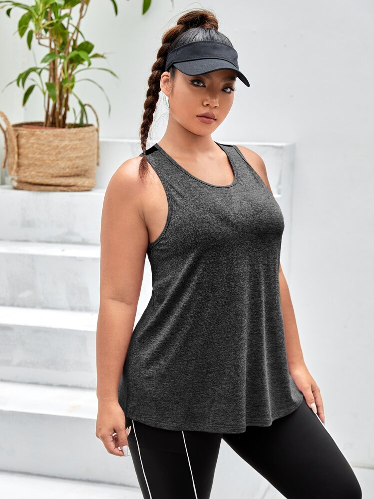 SHEIN Sports Áo thể thao Plus Size Tương phản Mesh màu trơn - Màu xám đen - Xem 4