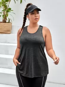 SHEIN Sports Plus Mesh Insert Cut Out Contrast Binding Sports Tank Top - Dark Grey - View 5