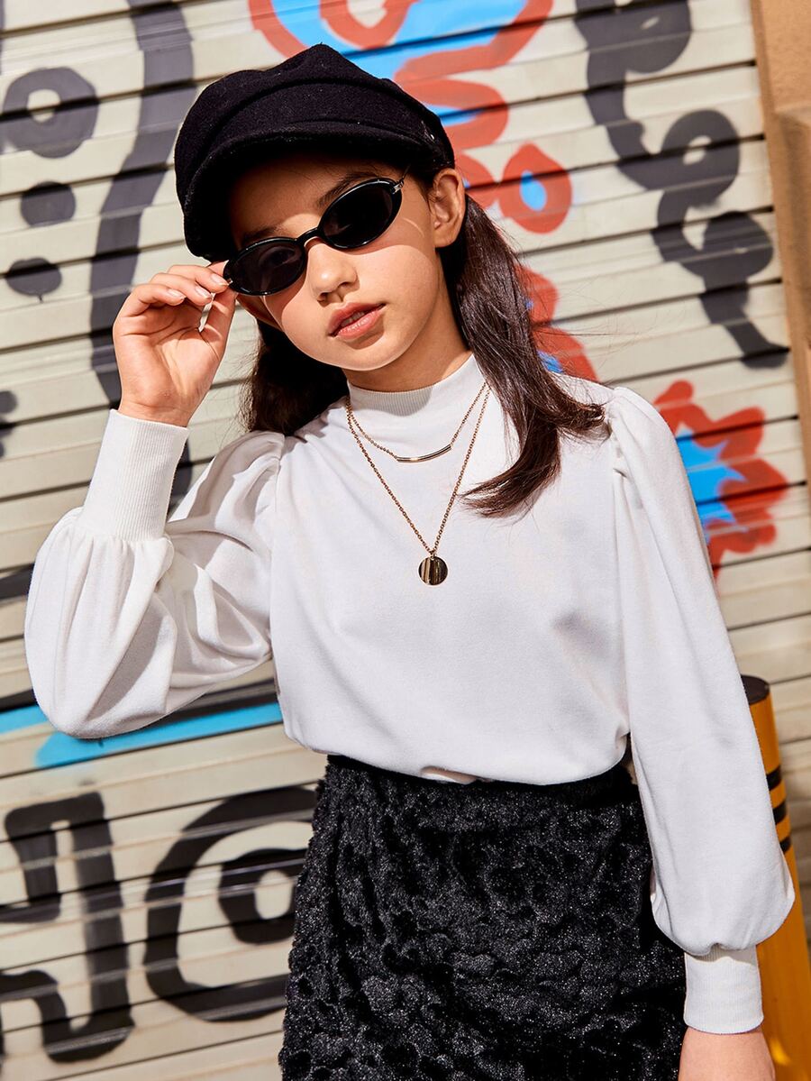 SHEIN 女孩小高領燈籠袖套頭衫 - 白色 - 查看 1