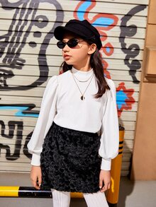 SHEIN 女孩小高領燈籠袖套頭衫 - 白色 - 查看 3