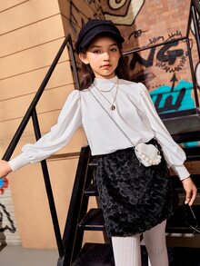 SHEIN 女孩小高領燈籠袖套頭衫 - 白色 - 查看 4