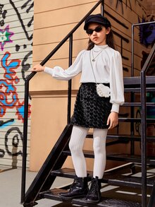 SHEIN 女孩小高領燈籠袖套頭衫 - 白色 - 查看 5