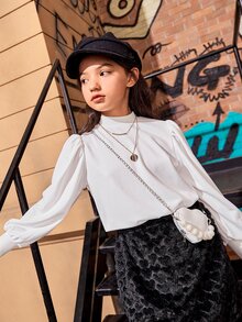 SHEIN 女孩小高領燈籠袖套頭衫 - 白色 - 查看 7