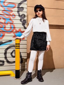 SHEIN 女孩小高領燈籠袖套頭衫 - 白色 - 查看 8