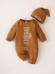 SHEIN Newborn Baby Boy Letter Graphic Jumpsuit & Hat - Brown - View 1