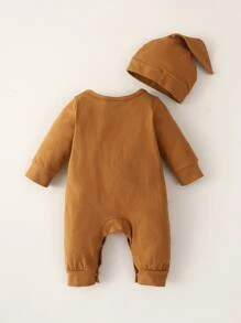 SHEIN Newborn Baby Boy Letter Graphic Jumpsuit & Hat - Brown - View 2