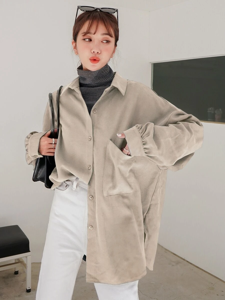 DAZY Drop Shoulder Pocket Patched Shirt - Khaki - View 1