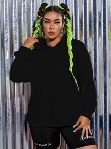 SHEIN EZwear Plus Size Drop Shoulder Slogan Graphic Sweatshirt - Black - View 3