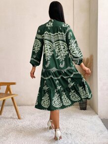 SHEIN Clasi 印花燈籠袖多層下擺娃娃裙不附腰帶 - 綠色 - 查看 2