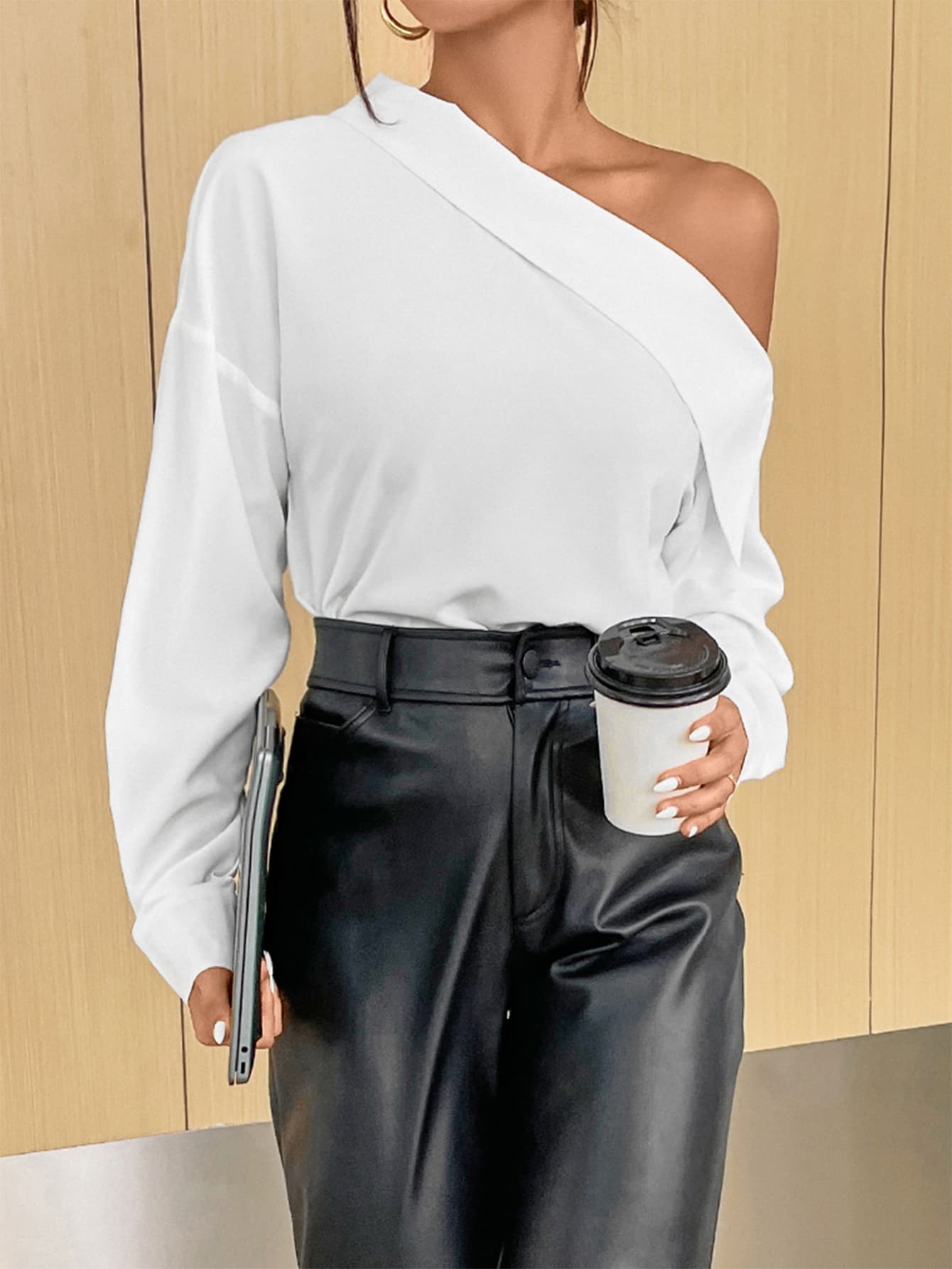 SHEIN Privé Work Women Solid Asymmetrical Neck Drop Shoulder Blouse - White - View 1