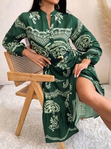 SHEIN Clasi 印花燈籠袖多層下擺娃娃裙不附腰帶 - 綠色 - 查看 4