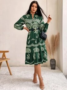 SHEIN Clasi 印花燈籠袖多層下擺娃娃裙不附腰帶 - 綠色 - 查看 6