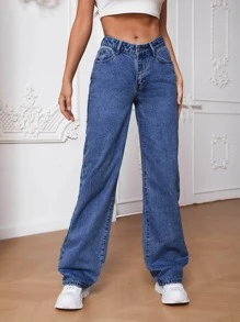 SHEIN Tall Jeans de pierna recta con bolsillo oblicuo - Azul lavado medio - Ver 1