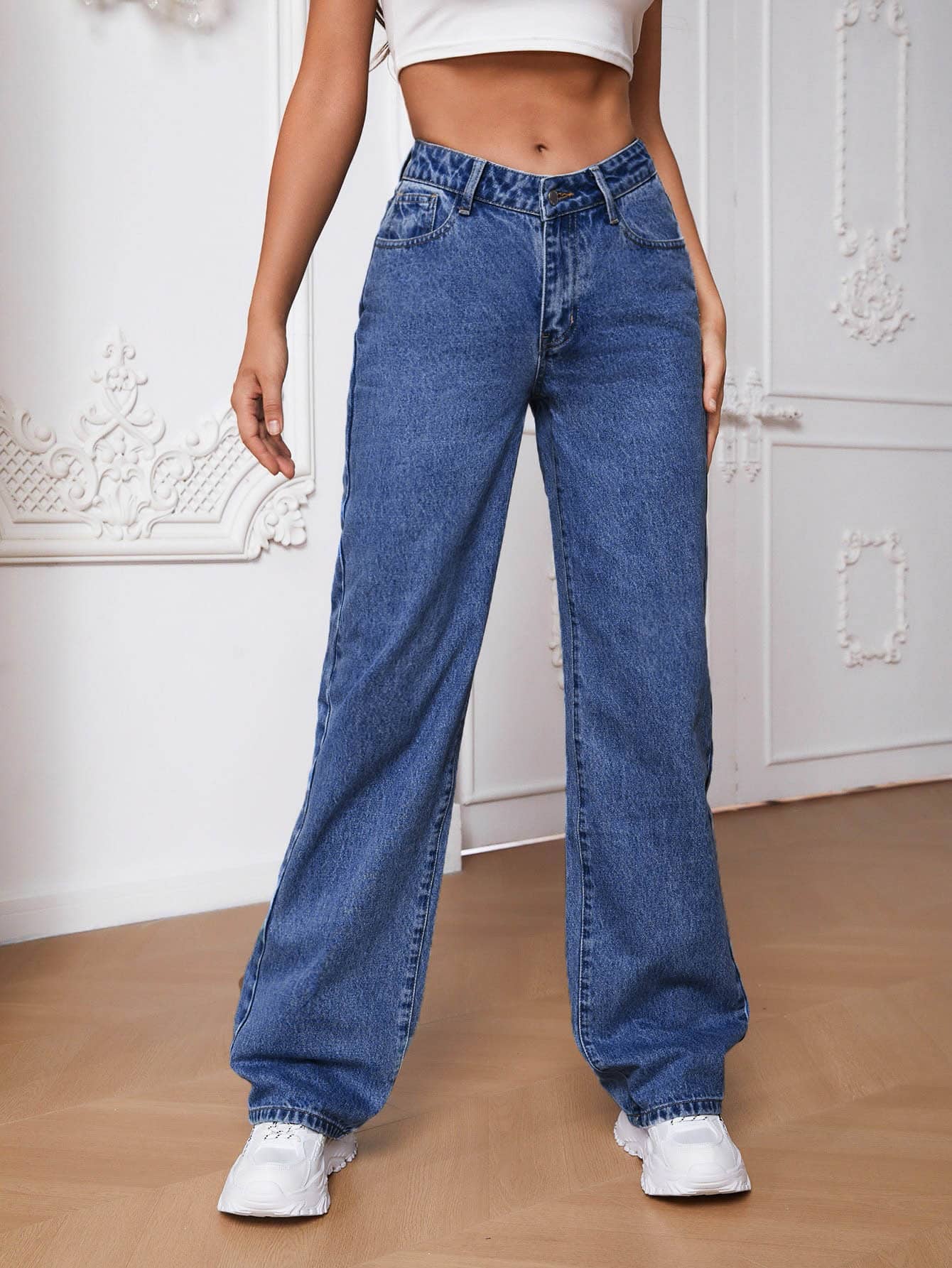 SHEIN Tall Jeans de pierna recta con bolsillo oblicuo - Azul lavado medio - Ver 1