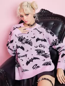 ROMWE Kawaii Letter Skeleton Pattern Drop Shoulder Sweater - Lilac Purple - View 1