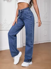 SHEIN Tall Jeans de pierna recta con bolsillo oblicuo - Azul lavado medio - Ver 2