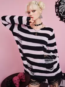 ROMWE Kawaii Striped Distressed Sweater, School - Multicolor - View 3