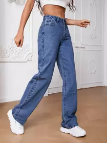 SHEIN Tall Jeans de pierna recta con bolsillo oblicuo - Azul lavado medio - Ver 5